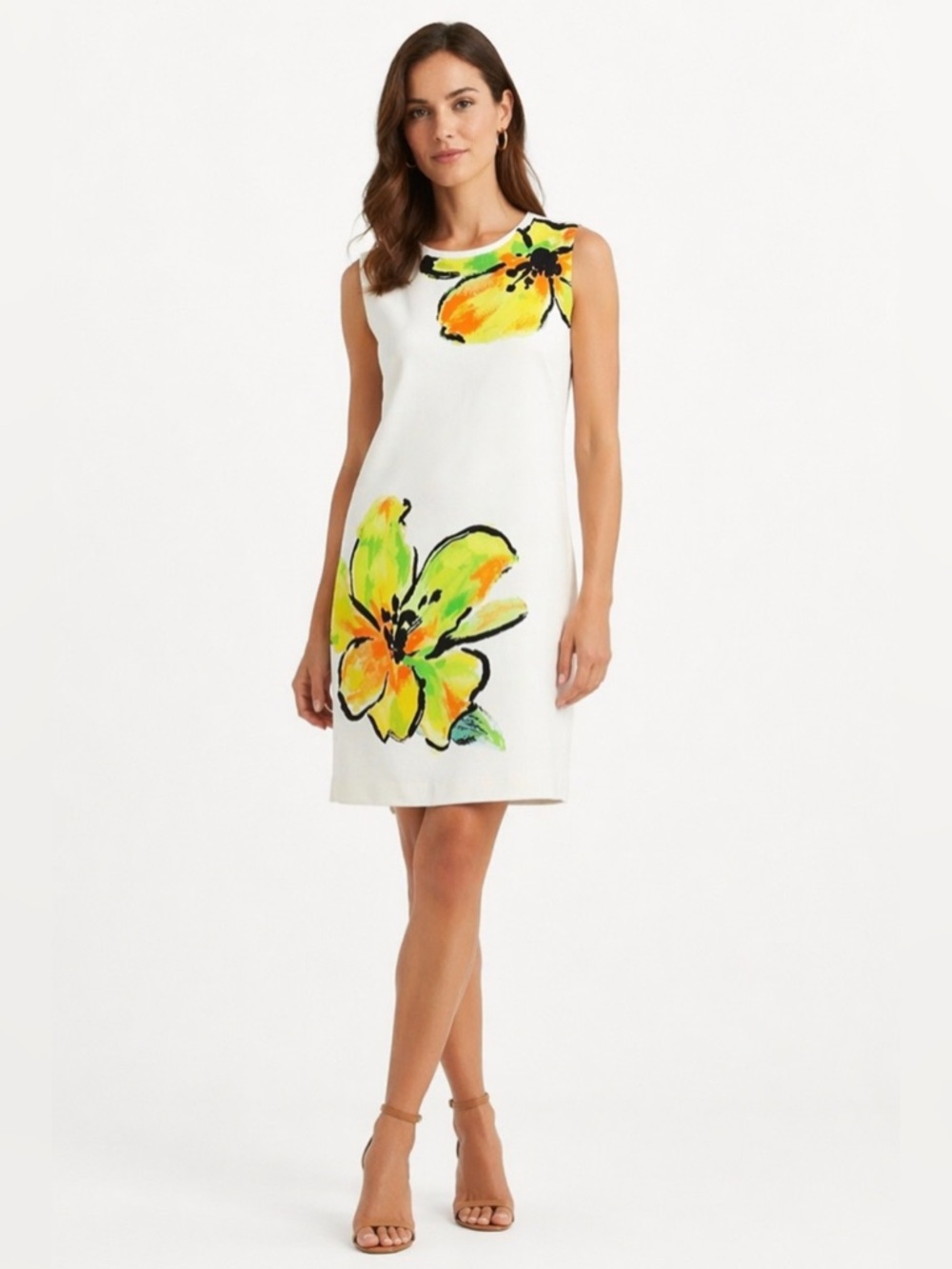 Lauren Ralph Lauren Floral Shift Dress‎ 10 White Yellow Green Sleeveless Lined